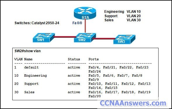 The network administrator correctly configures RTA to perform inter-VLAN routing